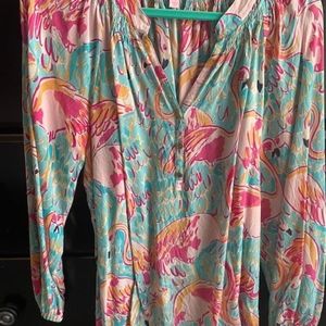 Flamingo print silk blouse!
